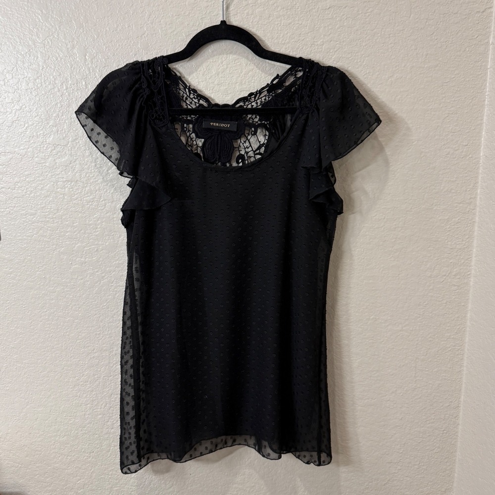 Peridot Black Swiss Dot Crochet Lace Back Flutter Sleeve Top Dark Romantic Small